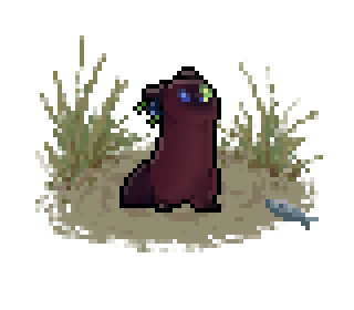 Pixel art of a young slugpup standing. It is dark red with point markings. One of its eyes is blue, while the other is green. There are a bundle of blue berries and leaves behind one ear.